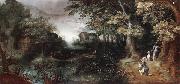 Claes Dircksz.van er heck A wooded landscape with huntsmen in the foreground,a town beyond oil